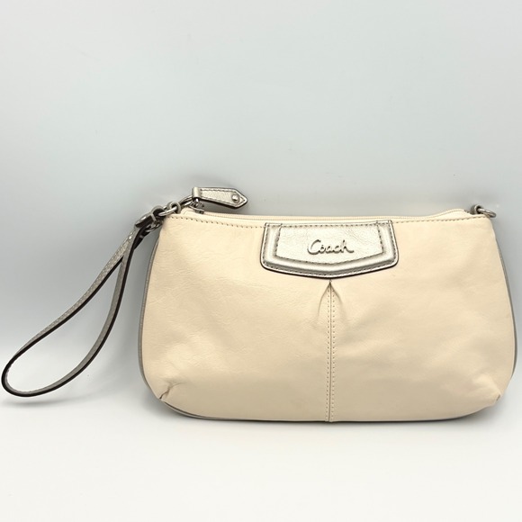 Coach Ivory Pearl Leather Wristlet Small Mini Bag Silver Metallic Trim Pleated - Picture 5 of 9